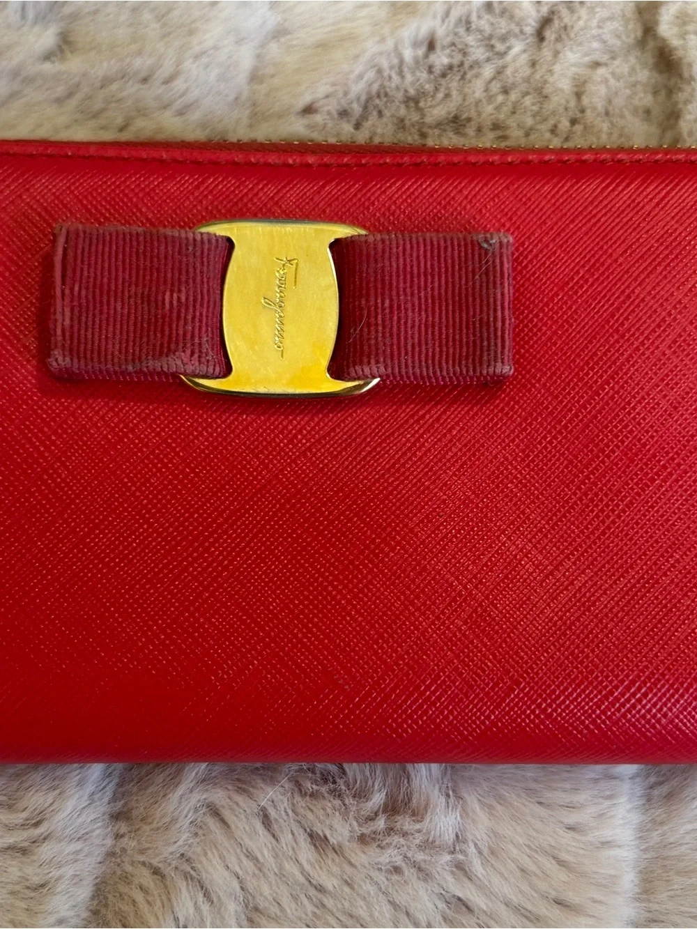 Salvatore Ferragamo Red Leather Vara Bow Wallet with Gold Hardware